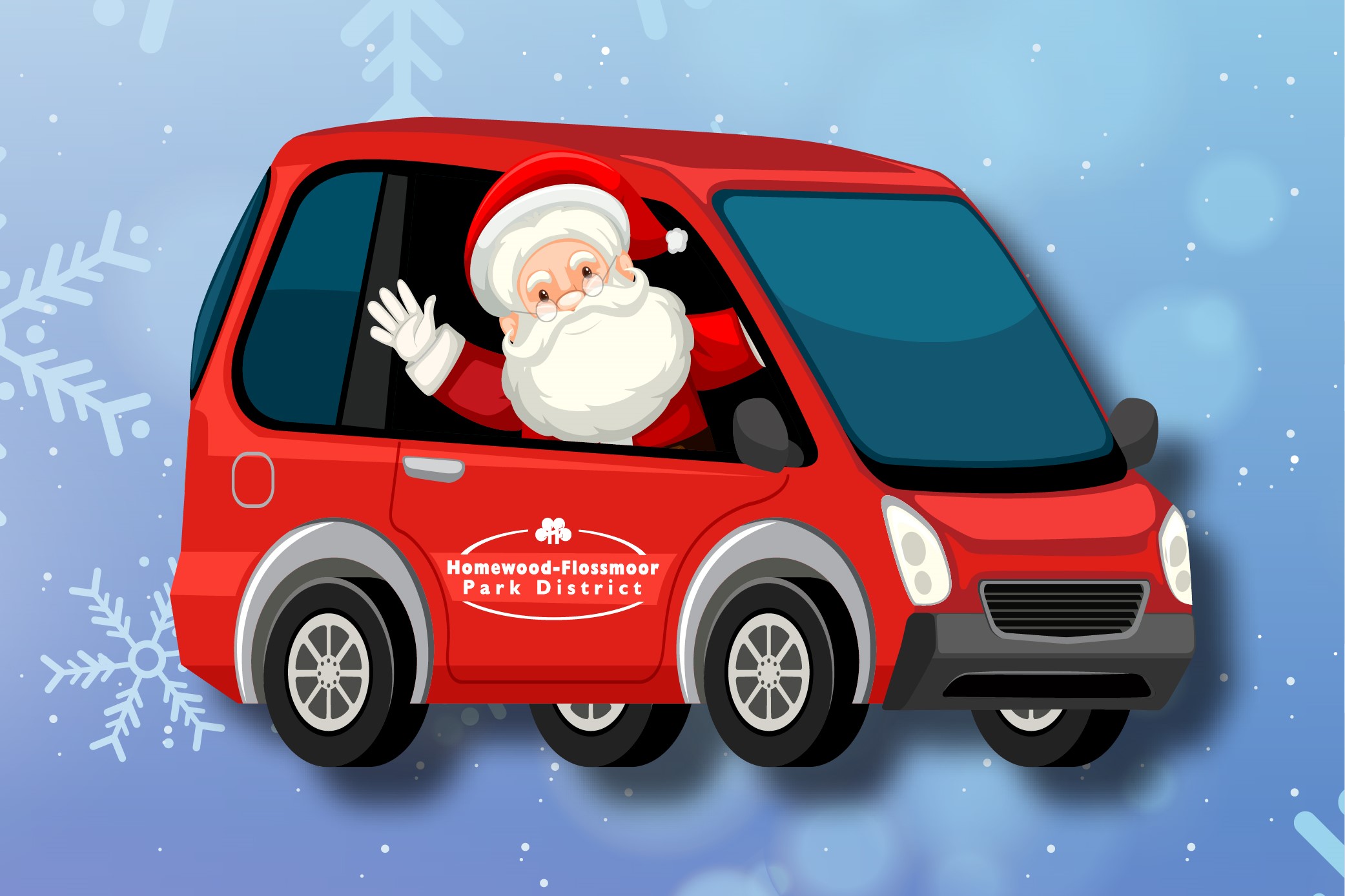 Graphic of Santa Claus in a red car waving.