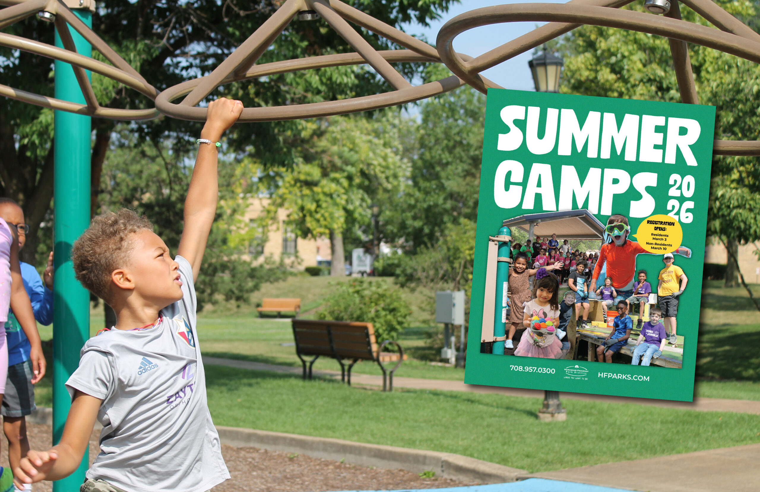 26 slider image for website 1275x825b photo of camper on playground with 2026 summer camp brochure cover