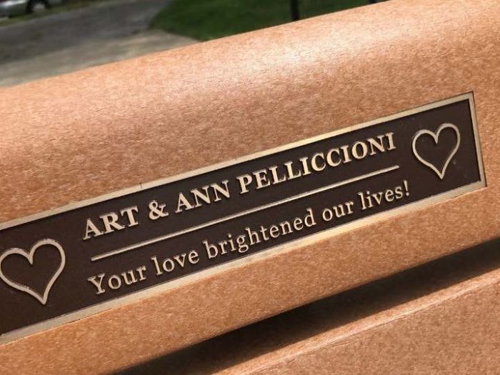 Bench Plaque Close Up photo of a memorial bench with a personalized plaque